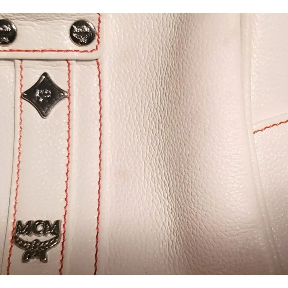 MCM White Leather Shoulder Bag with Red Stitching
